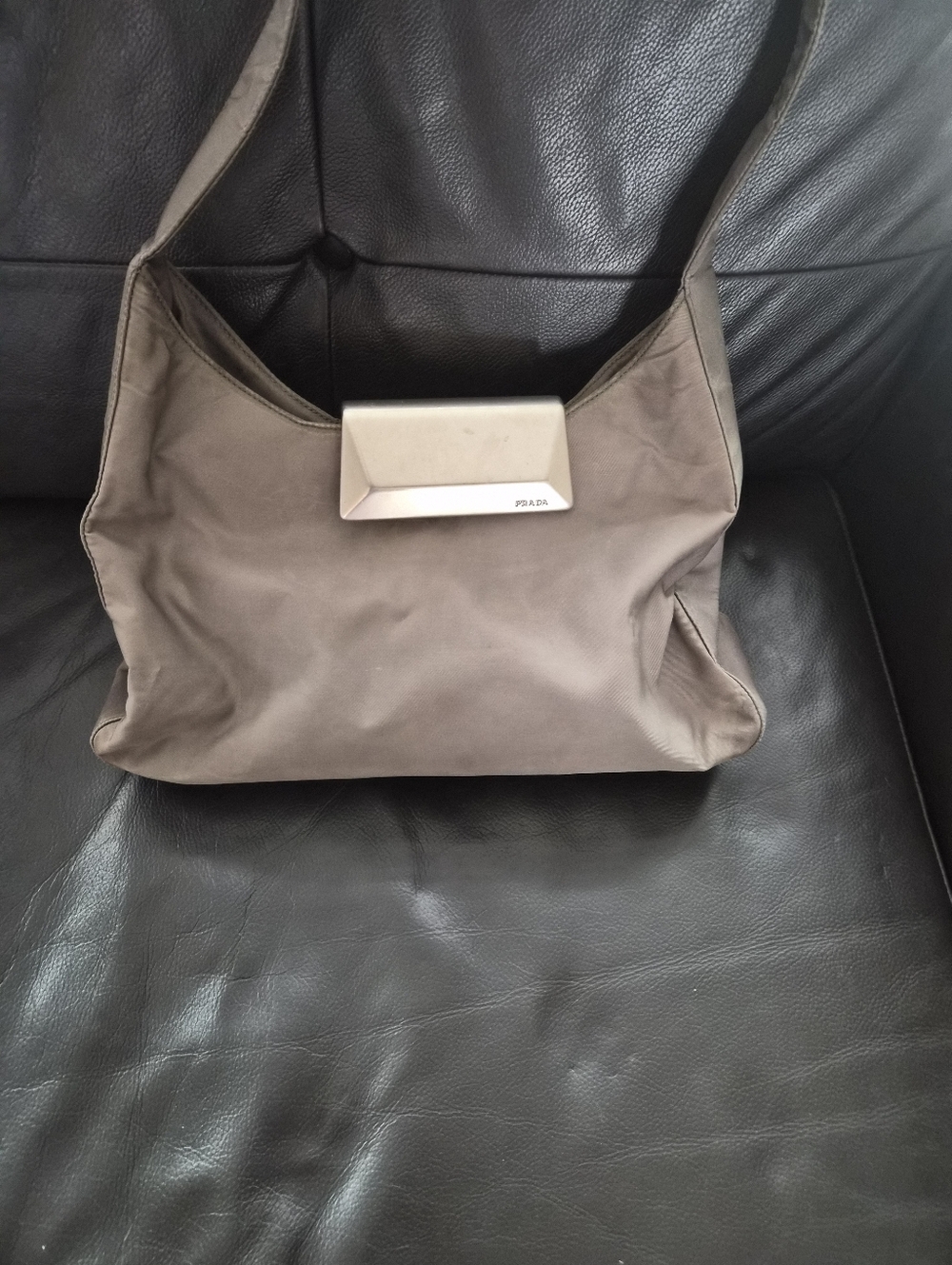 Prada Nylon Taupe Shoulder Bag with Silver-Tone Flap